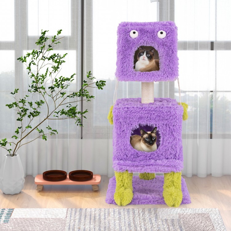 Purple monster-themed cat tower with two cozy condos, sisal scratching post, and plush hanging toys for playful cats.