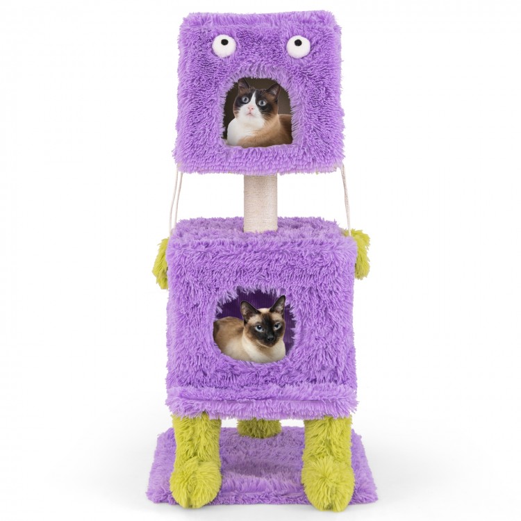 Cute monster-themed cat tower in purple with two cozy condos and a sisal scratching post for playful cats.
