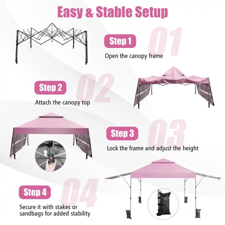 10 x 17.6 feet pink pop-up canopy tent with dual awnings, easy setup, and adjustable height for outdoor events.