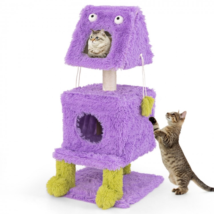 Purple monster-themed cat tower featuring two cozy condos, sisal scratching post, and plush hanging toys for playful.