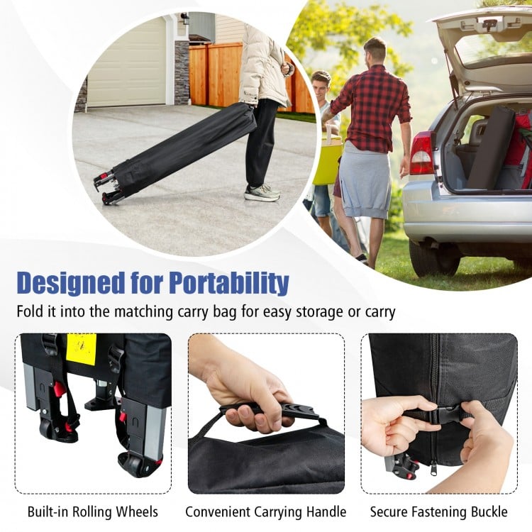 Portable outdoor canopy tent with dual side awnings, built-in wheels, and carrying handle for easy transport.