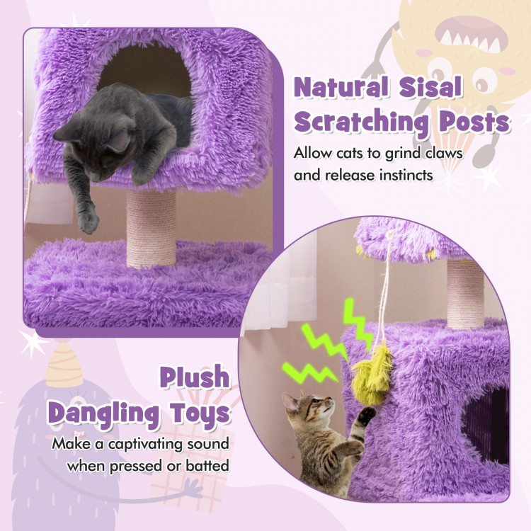 Purple cat tower featuring two cozy condos, sisal scratching post, and plush dangling toys for playful cats.