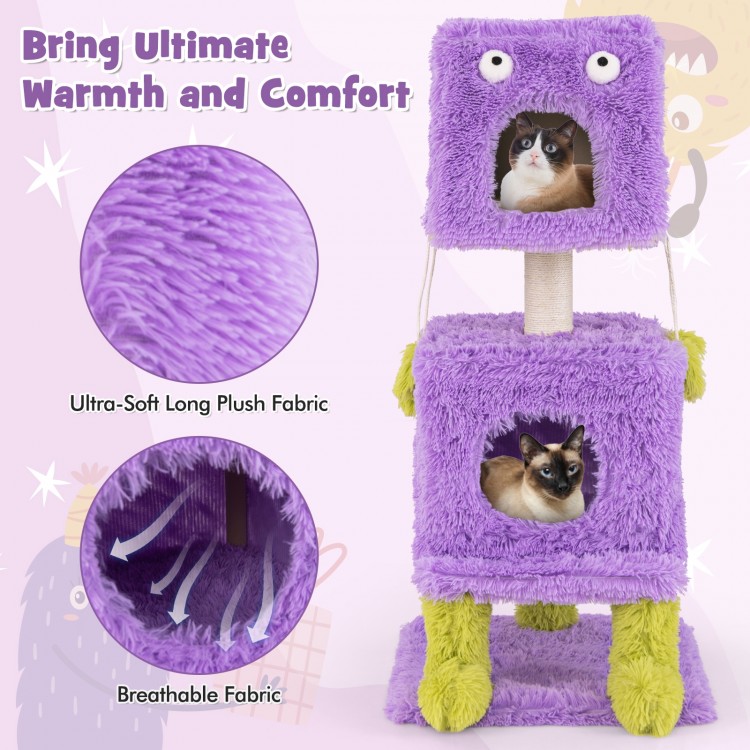 Purple cute monster-themed cat tower featuring two cozy condos, sisal scratching post, and ultra-soft plush fabric for.