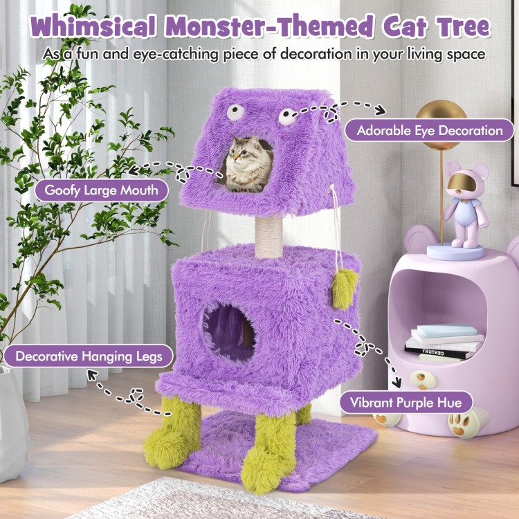 Whimsical purple monster-themed cat tree with two condos, plush fabric, and hanging toys for playful cats.