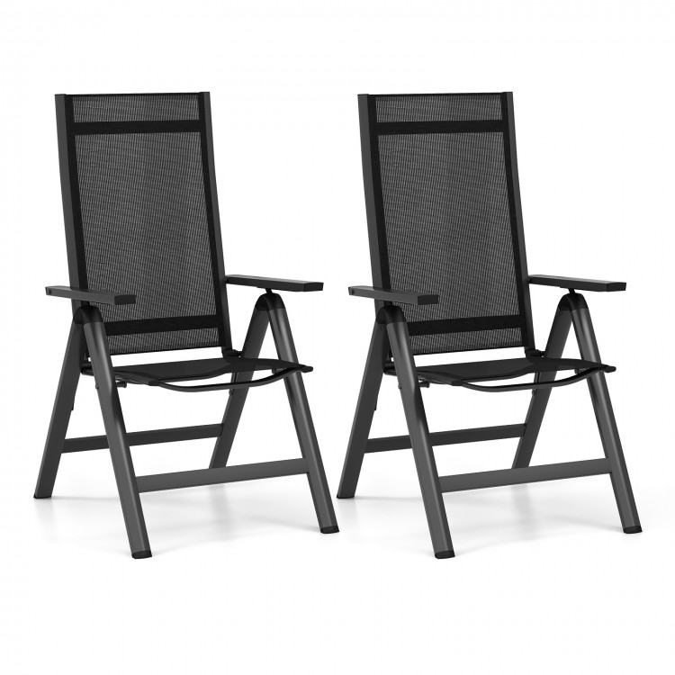 Set of 2 black outdoor dining chairs with adjustable backrest and padded seat, featuring a durable aluminum frame.
