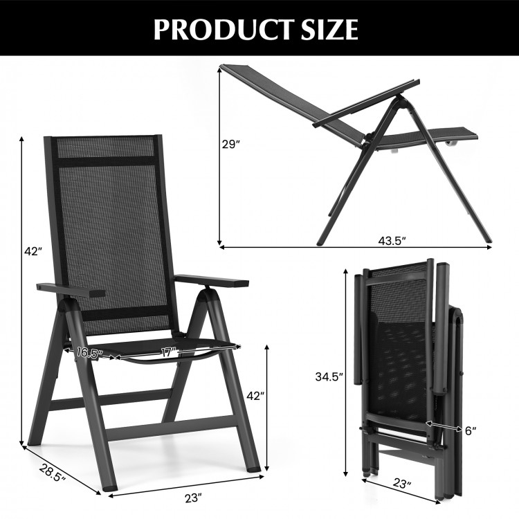 Adjustable outdoor dining chair with padded seat, black aluminum frame, and compact folding design for easy storage.