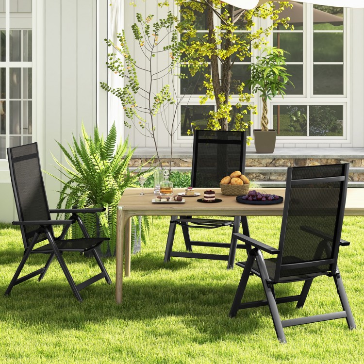 Black outdoor dining chairs with soft padded seats and adjustable backrests, set of 2, perfect for patio relaxation.