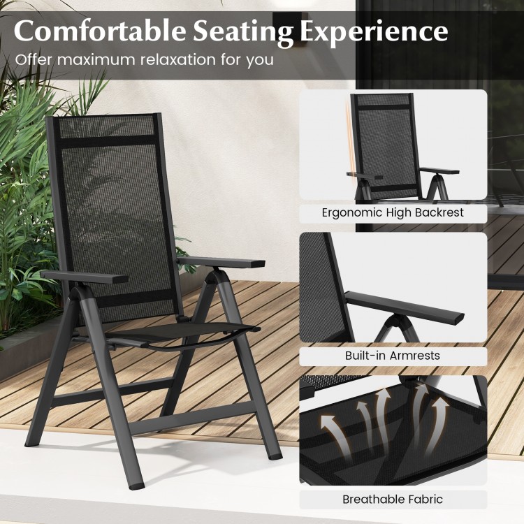 Black outdoor dining chair featuring a breathable mesh seat, adjustable backrest, and ergonomic armrests for comfort.