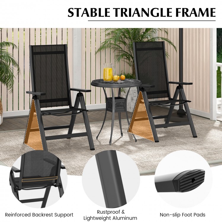 Black outdoor dining chairs with soft padded seats and adjustable backrests, featuring a stable triangular aluminum.
