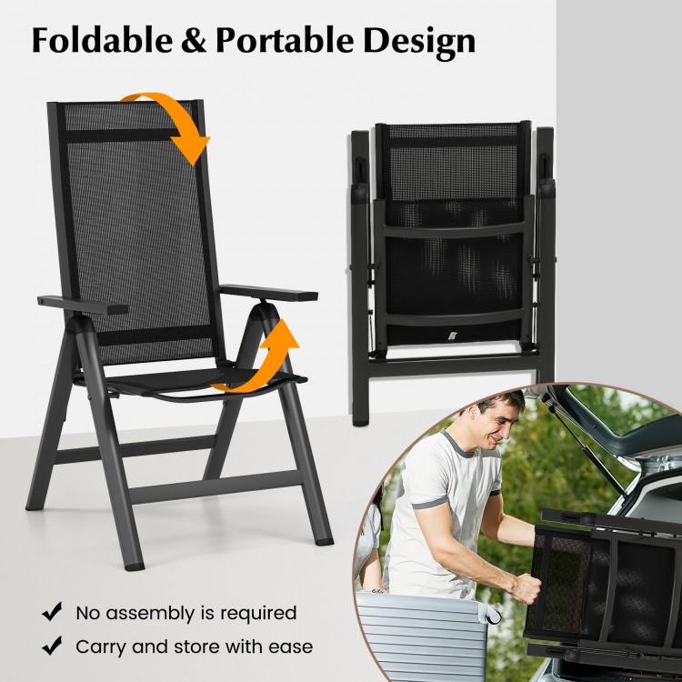 Black outdoor dining chair with soft padded seat, foldable design, and adjustable backrest for easy transport and.