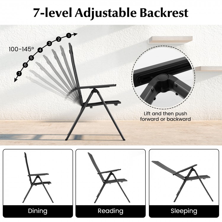 Outdoor dining chair with 7-position adjustable backrest, black aluminum frame, and soft padded seat for comfort.