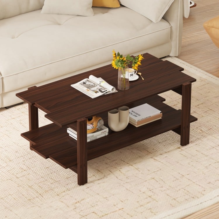 Walnut 2-tier coffee table with slatted surface and open shelf, perfect for living room storage and decoration.