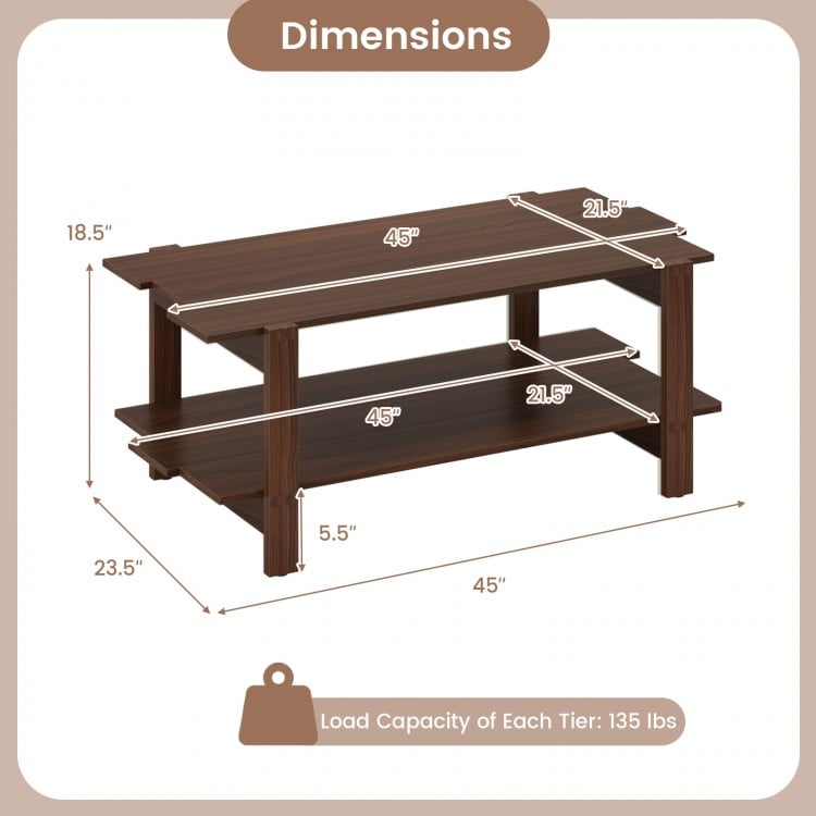 2-tier walnut coffee table with slatted surface and storage shelf, featuring dimensions and load capacity details.