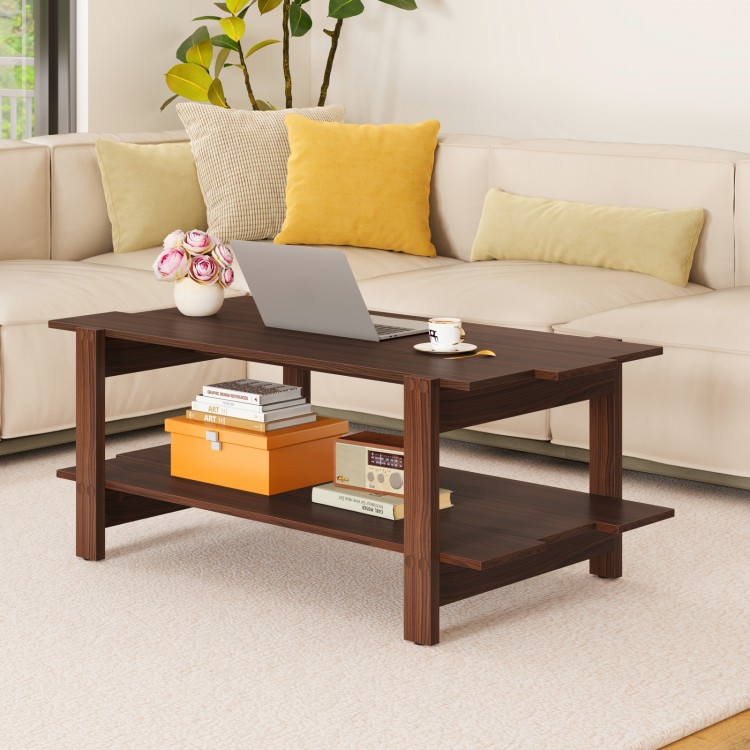 Walnut 2-tier coffee table with slatted surface and open storage shelf, perfect for living room or waiting area.