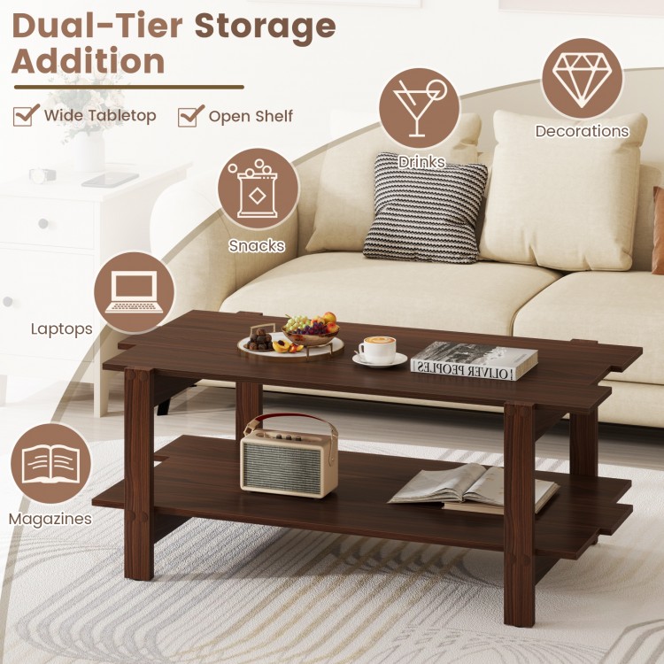 2-tier coffee table in walnut with slatted wood surface, open shelf for storage, ideal for home decor and convenience.
