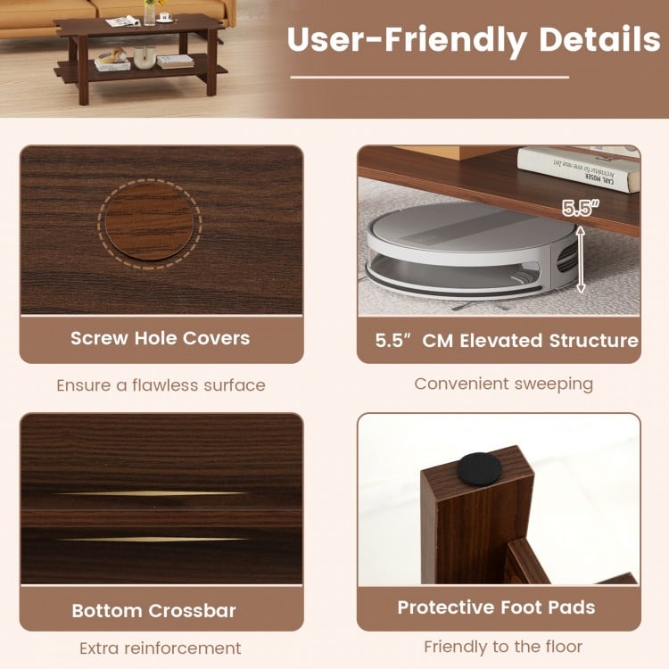 Slatted wood coffee table with 5.5" elevation, dual-tier storage, and protective foot pads for floor safety.