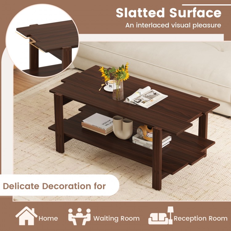 Walnut 2-tier coffee table with slatted surface and open shelf, ideal for home, waiting room, or reception area.