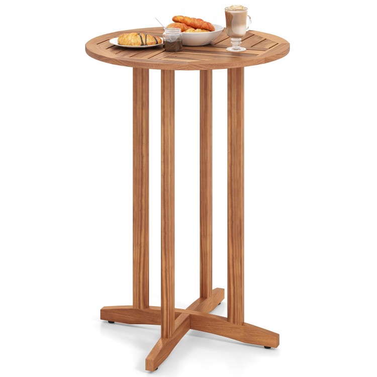 39-inch outdoor acacia wood bar table with slatted top, perfect for 2-4 people, ideal for patio or poolside use.