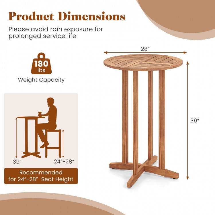 39-inch outdoor acacia wood bar table with slatted top, suitable for 2-4 people, ideal for patio or balcony use.