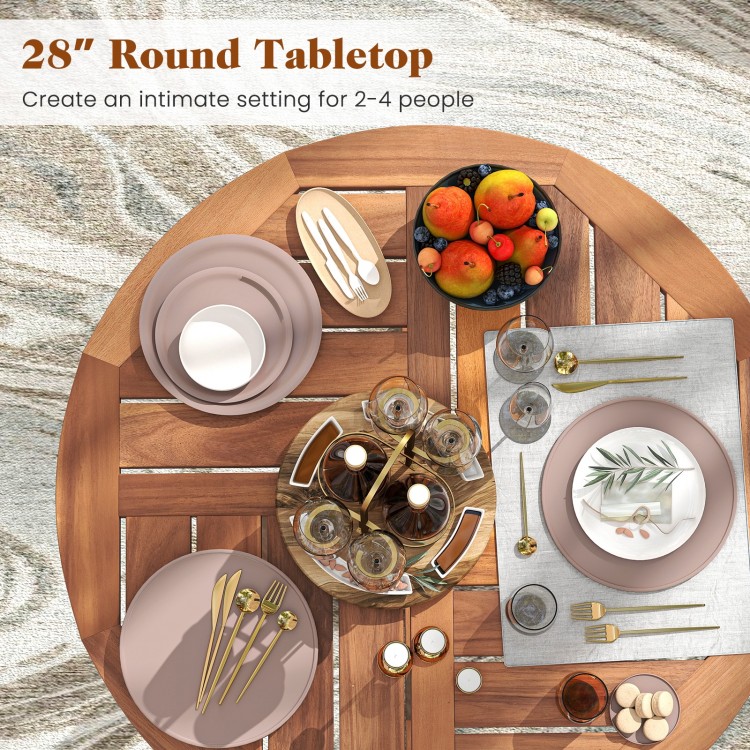 28" round acacia wood tabletop set for 2-4 people, featuring slatted design and elegant wood grains, ideal for outdoor.