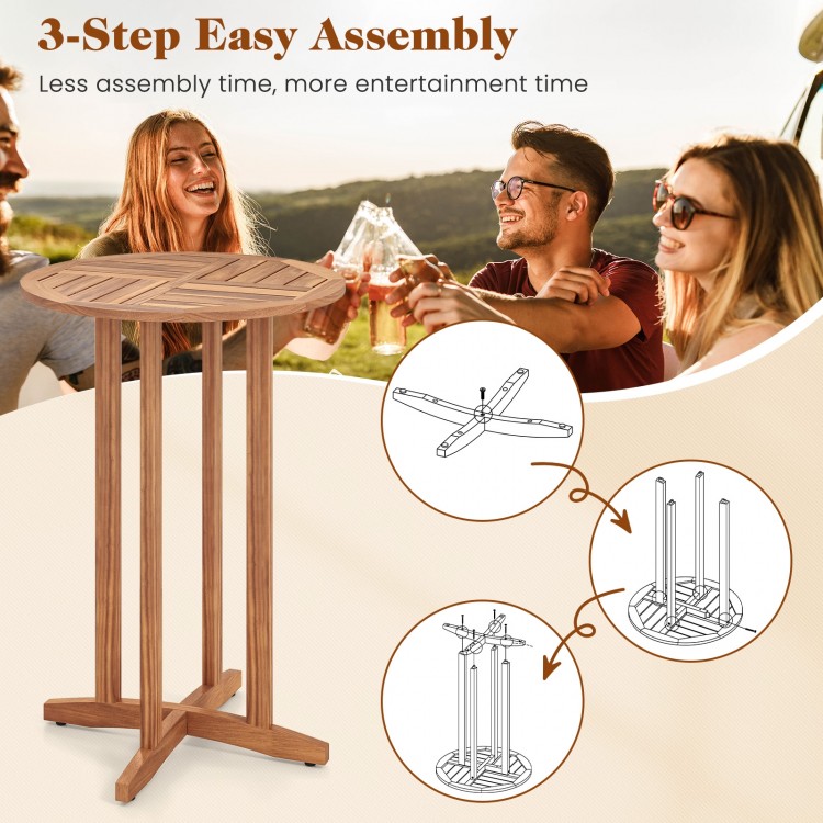 39-inch outdoor acacia wood bar table with easy 3-step assembly, perfect for elegant gatherings on patio or balcony.