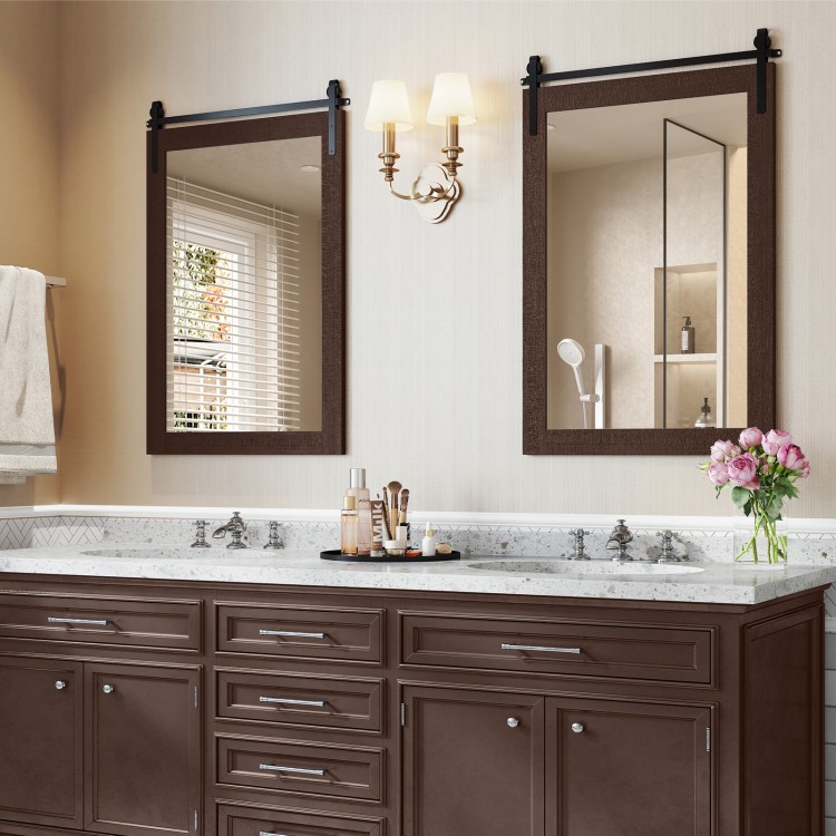 Rustic wood frame barn door style wall mirror in walnut finish, ideal for farmhouse decor and versatile styling.
