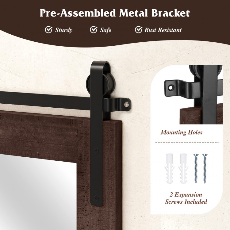 Close-up of the pre-assembled metal bracket on the rustic wood frame barn door style wall mirror in walnut finish.