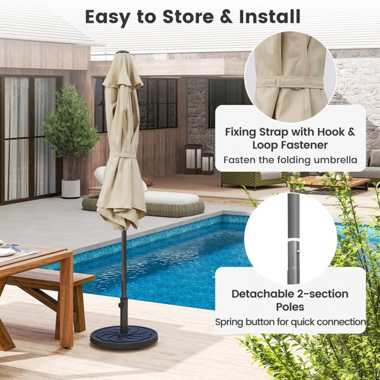 Beige 7.5 feet outdoor patio umbrella with push button tilt, featuring detachable poles and a fixing strap for easy.