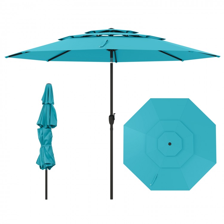 10 ft 3-tier vented patio umbrella in teal with push button tilt, featuring durable polyester fabric and easy crank.