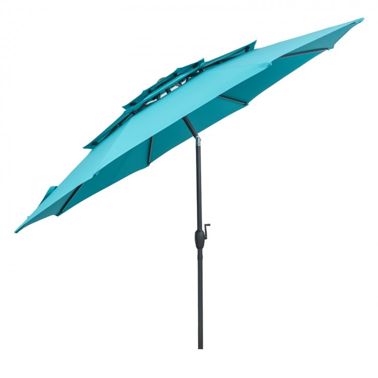 10 ft 3-tier vented patio umbrella in teal with push button tilt for adjustable shade and easy crank operation.