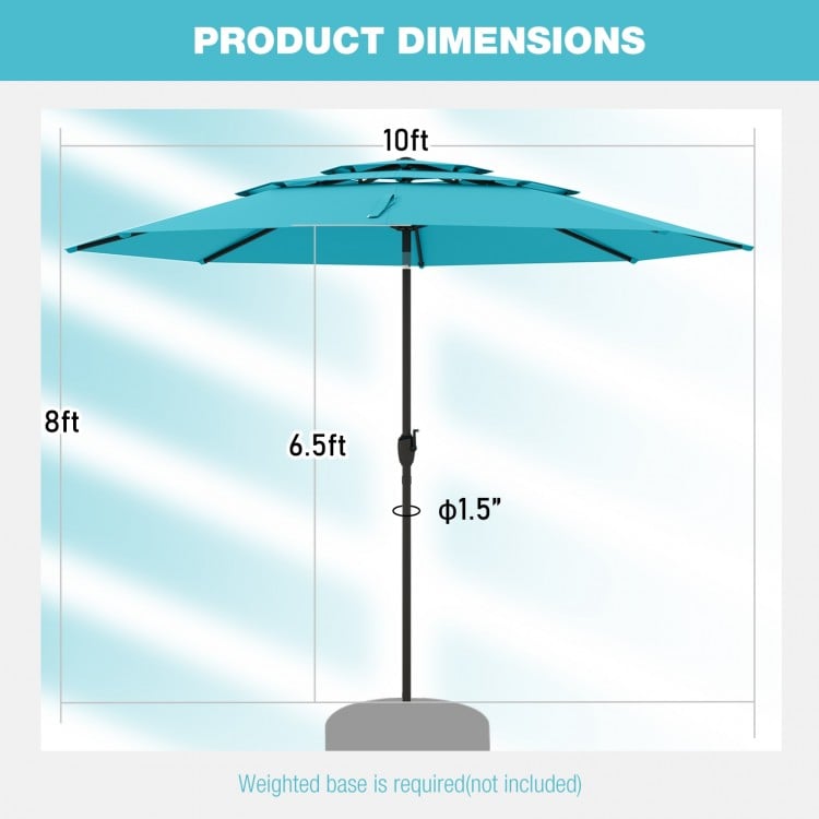 10 ft 3-tier vented patio umbrella in green with push button tilt, showcasing dimensions for outdoor use.