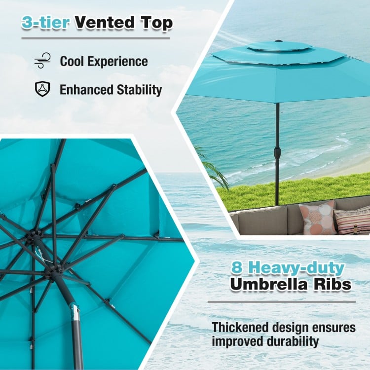 10 ft green patio umbrella with 3-tier vented top, push button tilt, and 8 heavy-duty ribs for enhanced stability.