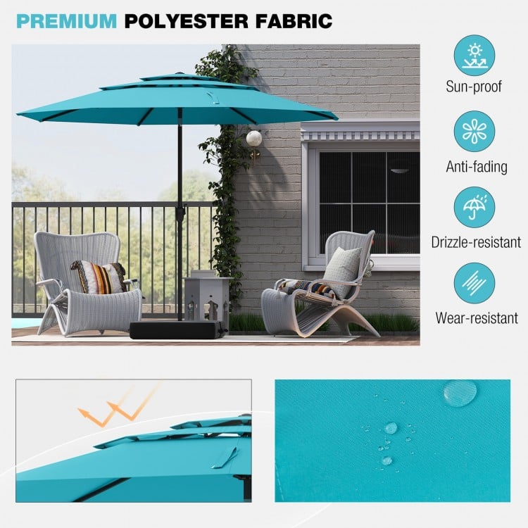 10 ft 3-tier vented patio umbrella in green with push button tilt, made of sun-proof and drizzle-resistant polyester.