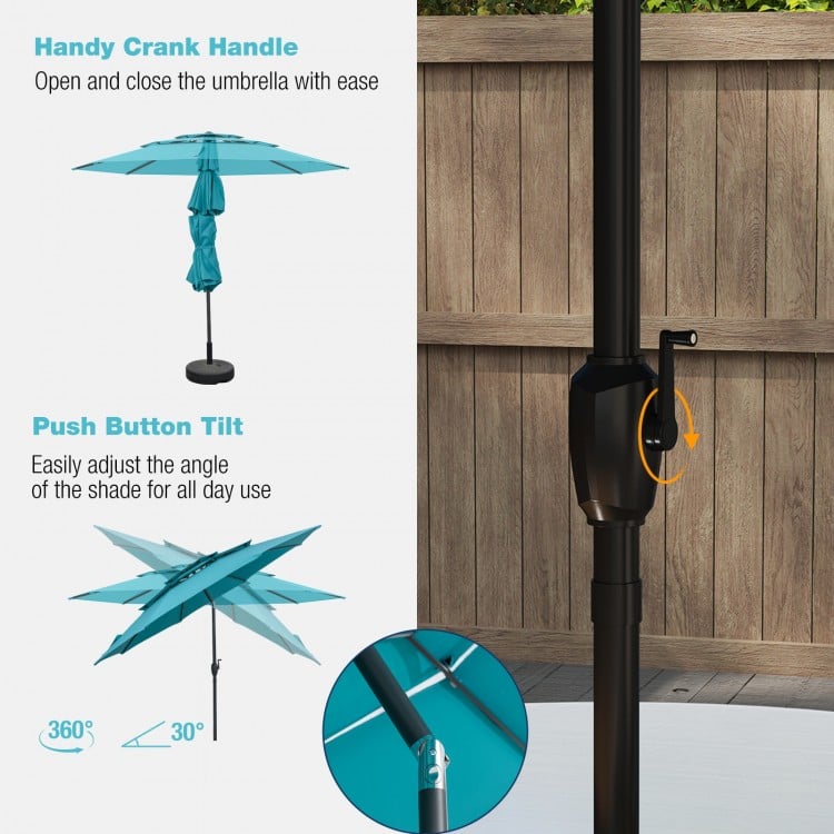 10 ft green patio umbrella with 3-tier vented top, crank handle, and push button tilt for adjustable shade.
