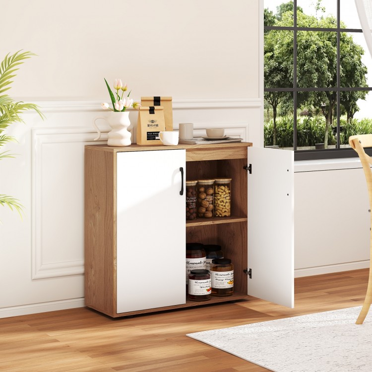 Coffee bar cabinet with white doors and natural wood finish, featuring adjustable shelves for versatile storage in any.