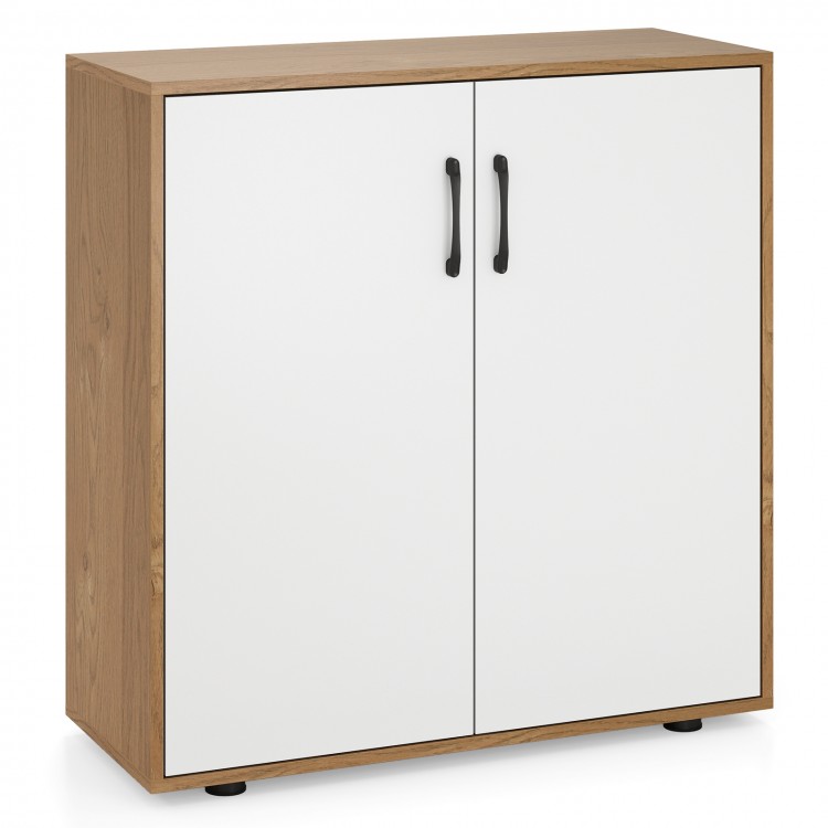 Natural coffee bar cabinet with white doors, adjustable shelf, and metal handles for versatile storage in living or.