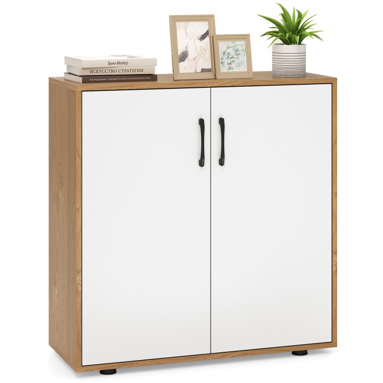 Coffee bar cabinet in natural finish, featuring a compact design and sleek white doors, perfect for any living space.