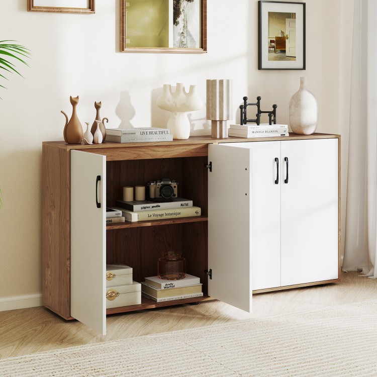 Coffee bar cabinet in natural finish with open doors, featuring a 5-position adjustable shelf for versatile storage.