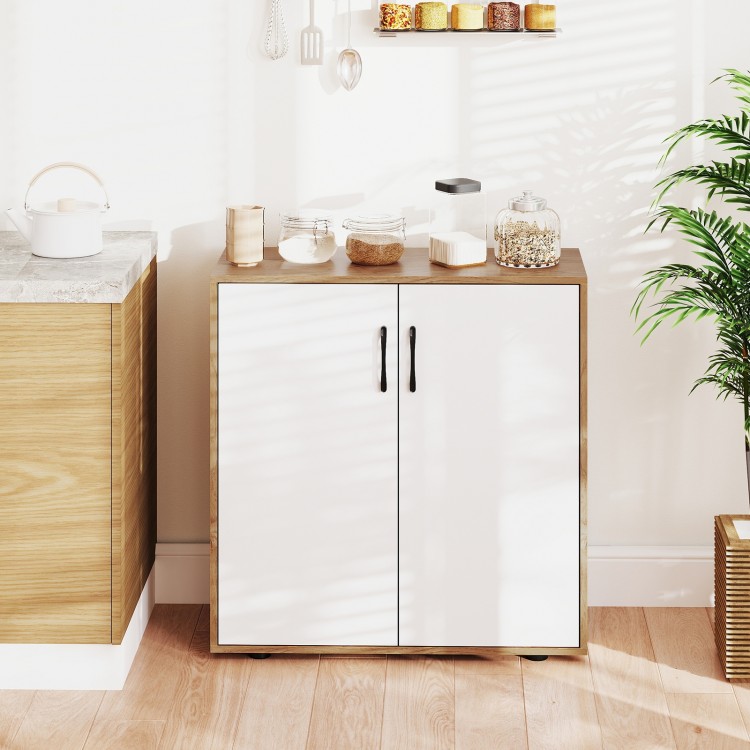 Coffee bar cabinet with white doors and natural wood finish, featuring a spacious countertop and adjustable shelf for.