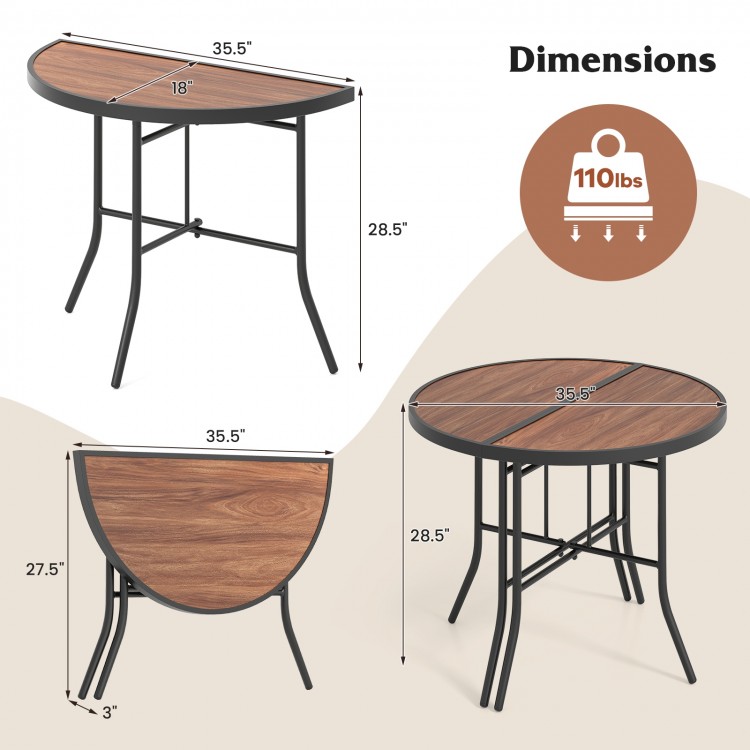 Half-round folding event table with metal frame, waterproof SPC top, ideal for indoor and outdoor use, easy to store.