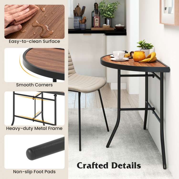 Half-round folding event table with a metal frame, featuring an easy-to-clean surface and smooth corners for safety.