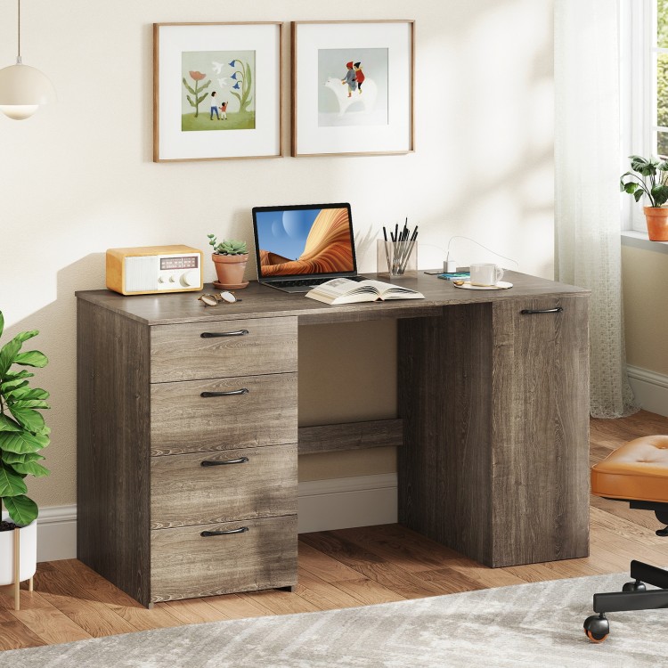 53-inch gray computer desk featuring 4 storage drawers, power outlets, and a spacious tabletop for organized workspace.