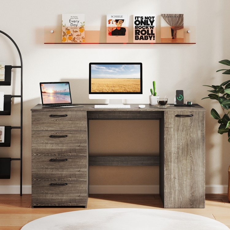 53-inch gray computer desk with 4 storage drawers, power outlets, and adjustable shelf for an organized workspace.