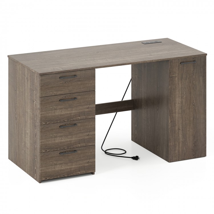 53-inch gray computer desk featuring 4 storage drawers, power outlets, and a cable management hole for a tidy workspace.