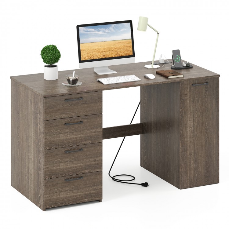 53-inch gray computer desk with 4 storage drawers, power outlets, and a spacious tabletop for organized workspace.