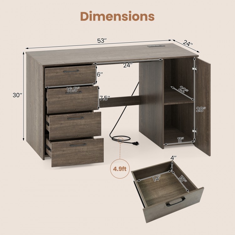 Dimensions of the 53-inch gray computer desk with power outlets, featuring 4 storage drawers and adjustable shelf.