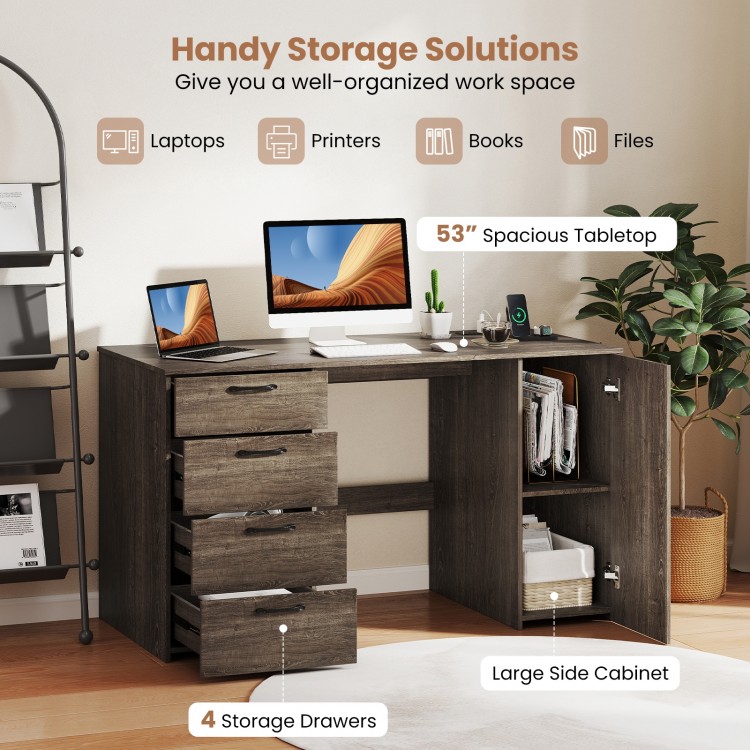 53-inch gray computer desk featuring 4 storage drawers and power outlets, ideal for an organized workspace.
