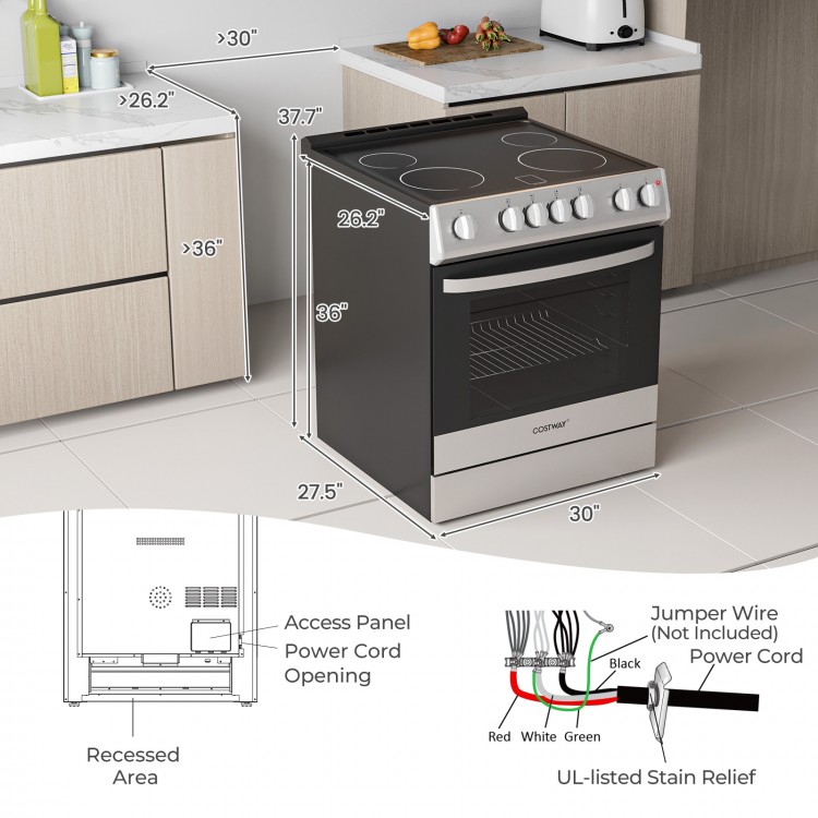 30-inch freestanding kitchen stove with a see-through window and bright lights for easy monitoring of dishes while.