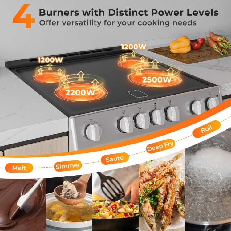 30-inch silver kitchen stove with 4 ceramic burners, featuring distinct power levels for versatile cooking options.