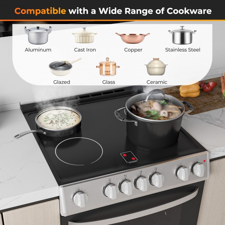 Ceramic cooktop on a 30-inch kitchen stove, showcasing compatibility with various cookware types for versatile cooking.